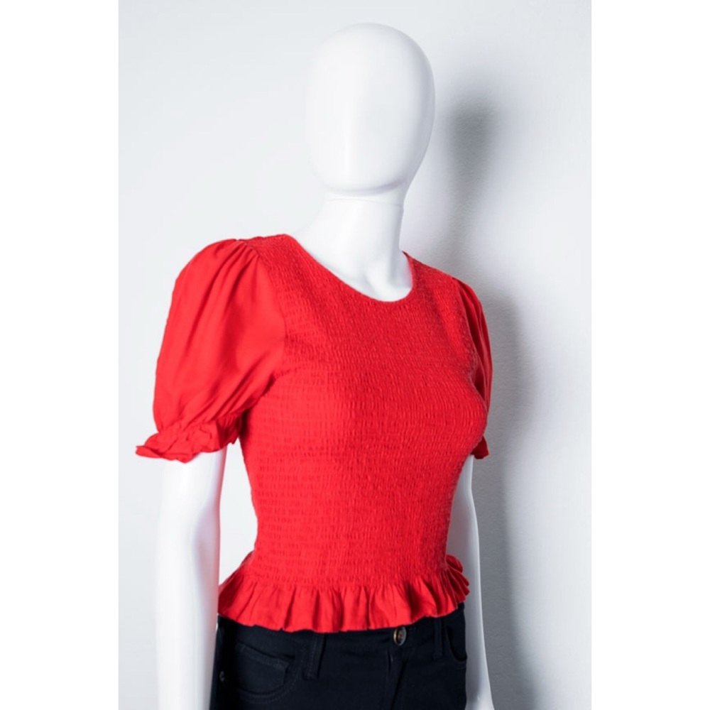 Forever 21 Red Puffy Sleeve Rouchy Stretchy Ruffle Long Sleeve Crop Top M